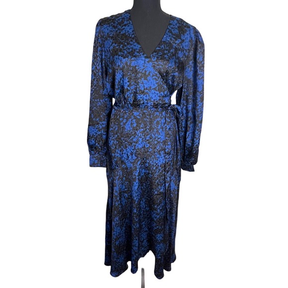 Susan Graver Occasions Reg Printed Woven Jacquard Wrap Dress NWOT BLue Size M - Picture 2 of 8